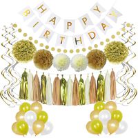 LITAUS Birthday Decorations, Chic White and Gold Party Supplies, Serves 58, Includes Happy Birthday Banner, Party Balloons, Hanging Swirls, Garland, Tassels, Paper Flowers for Parties, Baby Shower