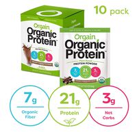 Orgain Organic Plant Based Protein Powder Travel Pack, Creamy Chocolate Fudge - Vegan, Low Net Carbs, Non Dairy, Gluten Free, Lactose Free, No Sugar Added, Soy Free, Kosher, Non-GMO, 10 Count