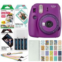 Fujifilm Instax Mini 9 Instant Film Camera (Purple with Clear Accents) + Fujifilm Instax Instant Film (20 Shots) + Mini Black Film & Sky Blue Film (10 Shots) + Scrapbooking Album + Battery & Charger