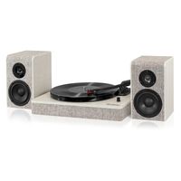 Victrola Modern 3-Speed Bluetooth Turntable with 50 Watt Speakers, White Wood and Linen Fabric Finish