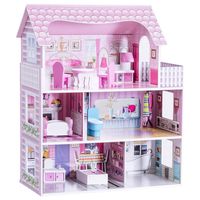 Costzon Dollhouse, Toy Family House with 13 pcs Furniture, Play Accessories, Cottage Uptown Doll House, Doll Playhouse Cottage Set (Three Levels)