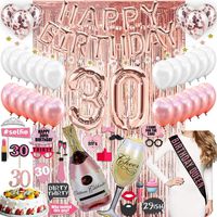 30th BIRTHDAY DECORATIONS| with Photo Props 30 Birthday Party Supplies| 30 Cake Topper Rose Gold| Banner| Rose Gold Confetti Balloons for her| Dirty Thirty| Silver Curtain Backdrop Props 30th Bday