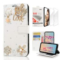 STENES Bling Wallet Case Compatible with iPhone XR - 3D Handmade Crown Floral Flowers Design Leather Case with Wrist Strap & Screen Protector [2 Pack] - White