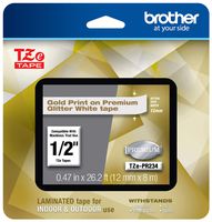 Brother P-touch TZe-PR234 Gold Print on Premium Glitter White Laminated Tape 12mm (0.47") wide x 8m (26.2') long
