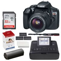 Canon EOS Rebel T6 Digital SLR Camera + EF-S 18-55mm Lens + 32GB Memory Card + Canon SELPHY CP1300 Compact Photo Printer (Black) + Canon KP-108IN Color Ink and Paper Set + Replacement Printer Battery