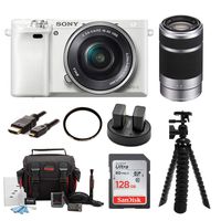 Sony Alpha a6000 Mirrorless Camera (White) w/ 16-50mm & 55-210mm Lens (Silver) and 128GB SD Card Bundle