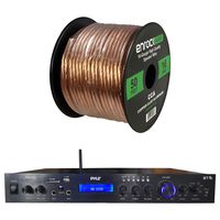 Pyle PDA7BU Amplifier Receiver Stereo, Bluetooth, FM Radio, USB Flash Reader, Aux Input (3.5mm) LCD Display, 200 watt, with Enrock Audio 16-Gauge 50 Foot Speaker Wire
