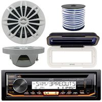 JVC In-Dash Marine Boat Bluetooth Radio USB CD Receiver Bundle, Cover with pair Enrock 6.5" White Stereo Speakers, 18g 50ft Marine Speaker Wire
