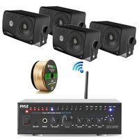 Pyle 240W WiFi Bluetooth Stereo Amplifier Receiver Home Theater Audio System, 4 Black 3.5'' 3-Way Indoor/Outdoor Speakers, Enrock 14AWG 50ft Wire