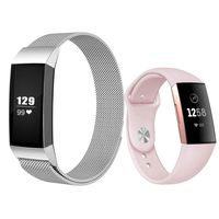 Replacement Bands Compatible for Fitbit Charge 3, Stainless Steel Mesh Magnetic Replacement Strap, Replacement Band for Women & Men -Silver + Sand Pink Large