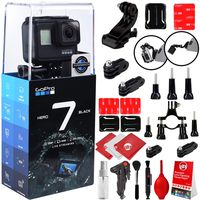 GoPro HERO7 Black 4K 12MP Digital Camcorder w/ 20PC Sport Action Bundle (Handlebar Mount, Tripod Adapter, Curved Adhesive Helmet Mount, 8-Piece Cleaning Kit, City Mini Tripod)