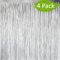 Deruicc 4 Pack Silver Foil Curtains 3ft x 8ft Tinsel Fringe Curtains Shimmer Curtain Birthday Wedding Party Christmas Photo Booth Backdrop Decorations