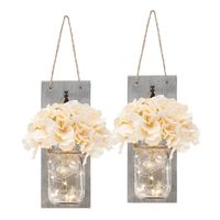 Set of Two Lighted Sconces Country Rustic Mason Jar Wall Sconce HANGING MASON JAR SCONCES WITH LED FAIRY LIGHTS