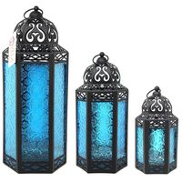 Moroccan Style Candle Lanterns, Blue Glass, Set of 3
