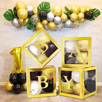 Baby Shower Decorations DIY Transparent Box Latex Balloon for Boy Girl Baby Shower Baby Birthday Party Decoration Backdrop 4 Pcs Baby Shower Boxes and 3 Pack Baby Stickers (Gold)
