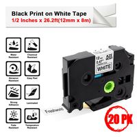 Compatible TZe231 P-Touch Brother Standard Laminated Label Tapes TZe-231 TZ-231 TZ231,for Brother PT-H100, PT-D210, PT-H110, PT-D400AD, PT-D600, Black on White, 1/2 Inches x 26.2ft(12mm x 8m), 20-Pack