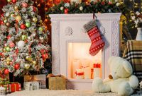 Leowefowa 7x5ft Christmas Backdrop Vinyl Indoor White Fireplace Candles Red Stocking Bear Toy Decorated Christmas Tree Floor Gifts Carpet Background Child Toddler Adult Xmas Party Photo Shoot Studio