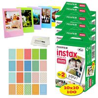 Instax Mini Instant Film, (10 Pack = 100 Sheets) for Fujifilm Mini 9 or Mini 8 Camera + 5 Colored Frames + 20 Assorted Colorful Sticker Frames + Microfiber Cloth by Quality Photo