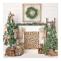 Mehofoto Christmas Fireplace Backdrop White Wood Floor Green Christmas Tree Photography Background 8x8ft Vinyl Elk Merry Christmas Indoor Decor Portrait Backdrops