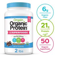 Orgain Organic Plant Based Protein + Superfoods Powder, Creamy Chocolate Fudge - Vegan, Non Dairy, Lactose Free, No Sugar Added, Gluten Free, Soy Free, Non-GMO, 32 Ounce