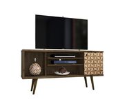 ModHaus Living Mid Century Modern TV Stand Media Cabinet with 5 Shelves 1 Door and Solid Wood Legs - Includes Pen (Rustic Brown)