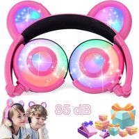 Kids Headphones - Wired Earphone with LED Flashing Lights, Stereo Sound, Foldable, 3.5mm Jack, 85dB Volume Limited - Over Ear Bear Headsets for iPad Cellphones Computer Boys Girls Home School (Pink)