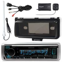 Kenwood Marine Bluetooth Receiver, SiriusXM Satellite Radio Tuner Kit, Enrock AM/FM Antenna (White), Enrock Marine Single Din Radio Dash Protector (White), USB AUX Stereo Interface