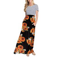 Women's Sleeveless Scoop Neck Striped Loose Long Maxi Dress for Beach Travel, Sunflower Long Dress with Pockets (Black-1, XL)
