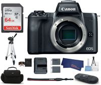 Canon EOS M50 Mirrorless Digital Camera Body -Black (USA Warranty) Bundle, Includes: 64GB SDXC Class 10 Memory Card + Full Size Tripod + Spare Battery + More