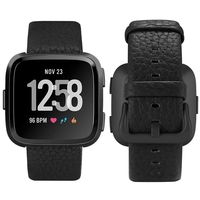 iHillon Leather Bands Compatible with Fitbit Versa/Versa 2/Versa Lite/SE, Soft Genuine Leather Classic Replacement Straps Wristbands for Women Men, Black+Black Buckle