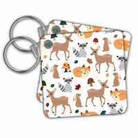 3dRose Woodland Animals Pattern, Fawn Fox Raccoon Rabbit - Key Chains, 2.25" x 2.25", Set of 2 (kc_242313_1)