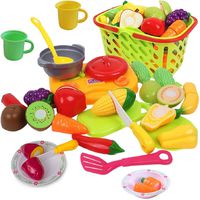 Cutting Play Vegetables and Fruits with Cooking Toys for Toddlers - Includes Beautiful Play Grocery Shopping Basket, Plastic Food Toys, Toy Cut Fruits, Mini Kids Cooktop, Toy Dishes and Utensils,