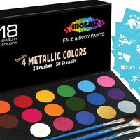 Face Paint Kit Non-Grease 18 Colors Including 4 Metallic 3 Brushes 30 Stencils Face Paints Body Paint Palette Kids Safe Face Painting on Christmas Halloween Facepaint Makeup Costume Birthday Party