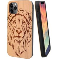 iProductsUS Wood Phone Case Compatible with iPhone 11 Pro Max, Cool Lion Engraved in USA, Metal Plate Built-in, TPU Bumper Protective Cover (6.5 inch)