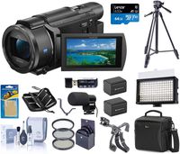 Sony FDR-AX53 4K Ultra HD Handycam Camcorder - Bundle with Video Bag, 64GB SDXC U3 Card, 55mm Filter Kit, 2x Spare Batteries, Video Light, Cleaning Kit, Tripod, Shotgun Mic Triple Shoe V-Bracket, More