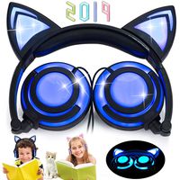 Kids Headphones, Wired Headphones with Cat Ears for Kids Girls Boys Gifts, Headband Built-in LED Flashing Light Foldable Adjustable On Ear Headsets, Earphones Compatible Android iOS iPad Tablet(Black)