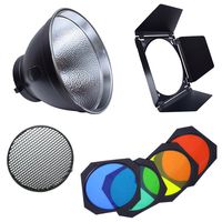 Fotoconic 7" Standard Reflector Bowens Mount with Umbrella Hole and BD-04 Barndoor with Honeycomb Grid & Color Filter Gel Set