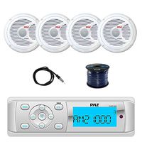 Pyle PLMR14BW Universal Bluetooth Marine Stereo Radio Receiver with Pyle PLMR60W 150W 6.5" 2-Way Marine Speakers (2-Pairs)(White), Enrock EKMR2 Marine Antenna & Enrock Marine 50' 16G Speaker Wire