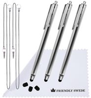 3pcs Stylus Pen 5.5" with Replaceable Thin-Tip - Universal Capacitive High Precision Styli + Replacement Tips, Elastic Lanyards + Cleaning Cloth, by The Friendly Swede (Silver)