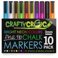 Crafty Croc Fine Tip Chalk Markers - (Precise 3mm Tip, 10 Neon Colors) - Erasable Dustless Liquid Chalk Ink Pens, Water-Based, Non-Toxic