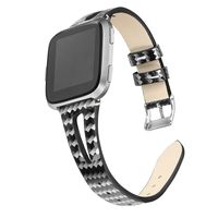 bayite Leather Bands Compatible with Fitbit Versa/Versa 2, Slim Wristband with Ventilated Hole Replacement Accessories Strap Versa Women Men, Black/Silver Chevron