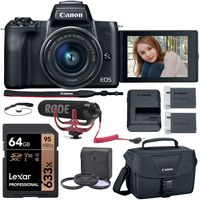 Canon EOS M50 Mirrorless Camera (Black) with 15-45mm Kit Lens, Rode VideoMic Go, Lexar 64GB Memory Card, Canon Camera Bag and More