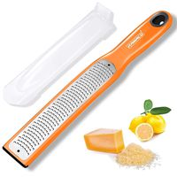 Zester Stainless Steel Grater, Long Ergonomic Handle Cheese, Lemon, Ginger & Potato Zester with Plastic Cover, with Rubber Base (Orange)