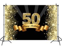 Sensfun Custom Happy 50th Birthday Backdrop Party Banner Glitter Gold and Black Background for Photography 7x5ft Vinyl Studio Photo Booth Props