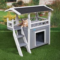 Tobbi Dog House Outdoor Shelter Roof Cat Condo Wood Steps Balcony Puppy Stairs Grey