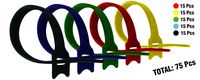 Cambridge ZipIts Multi Purpose Reusable Hook and Loop Fastening Cable Ties, 75 Pack 8 Inch Length 1/2 Inch Width 15 Pieces Each of Black Blue Green Red Yellow