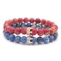 POSHFEEL 8mm Natural Stone CZ Micro Pave Crown King Queen Beads His and Hers Couple Bracelet, Red/Blue Sea Sediment Jasper, 7.5"