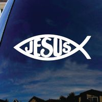 Jesus Fish Christian Symbol - Vinyl - 4" wide (color: WHITE) decal laptop tablet skateboard car windows sticke