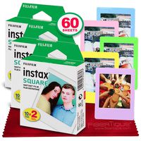 Fujifilm instax Square Instant Film (60 Exposures) Compatible Instax Square SQ6, SQ10 and SQ20 Instant Cameras + 5 Color Picture Frames + FiberTique Cleaning Cloth