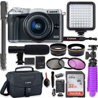 Canon EOS M6 Mirrorless Digital Camera with 15-45mm Lens (Silver) + Professional Video Kit with 32GB Memory, HD Filters, Monopod, Spider Tripod, Canon Gadget Bag & More.